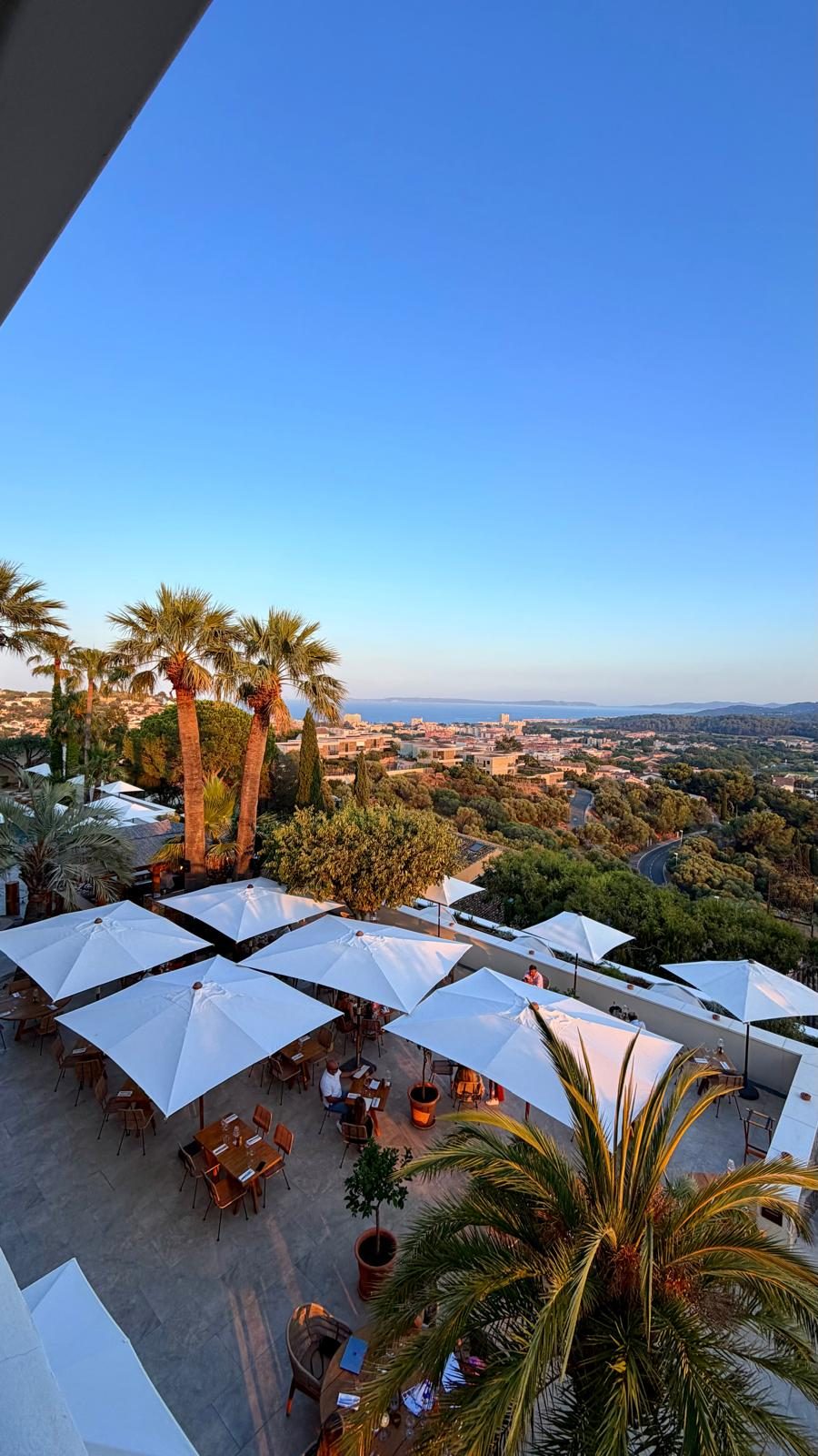 Die Restaurantterrasse unter den Palmen